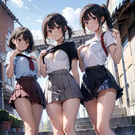 ((highest quality)), ((masterpiece)), (High resolution), 8K, best shadow, The best natural light, cinematic, climbing the stairs、3girls, smiling, ((Rear view))、(Angle from directly below the rear), ((View from directly below))、(Skirts that turn over in str...