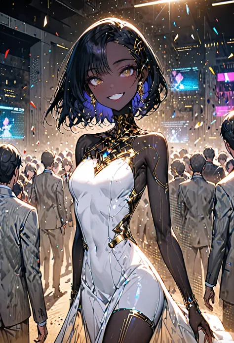 solo, female, sfw, futuristic, extremely dark skin, black hair, slender, tall, desert, medium shot, elegant, indoors, brutalism, concrete, simple white dress, hologram:0.5, playful, wide smile, jewelry, gold, crowd, party