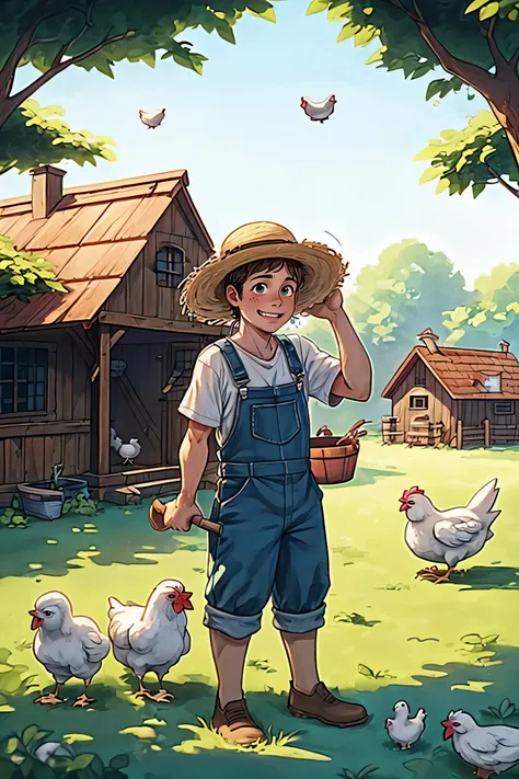 a close up of a person standing in a field with chickens