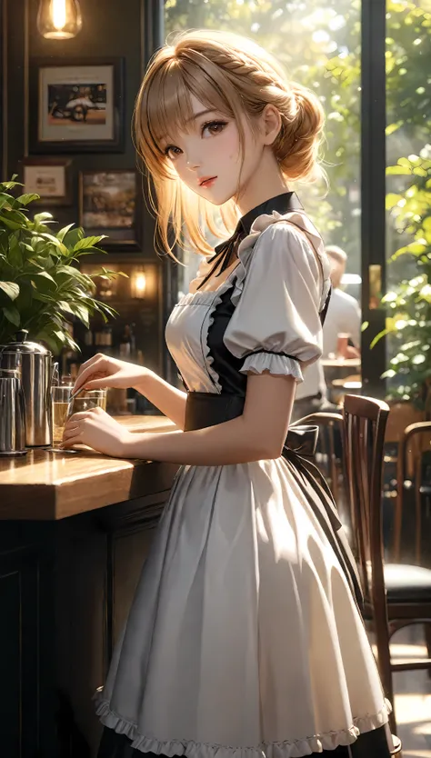 ((Masterpiece in maximum 16K resolution):1.6),((soft_color_photograpy:)1.5), ((Ultra-Detailed):1.4),((Movie-like still images and dynamic angles):1.3). | (cinematic photo of French Supermodel beauty wearing a maid dress in a cafe), (French Supermodel beaut...