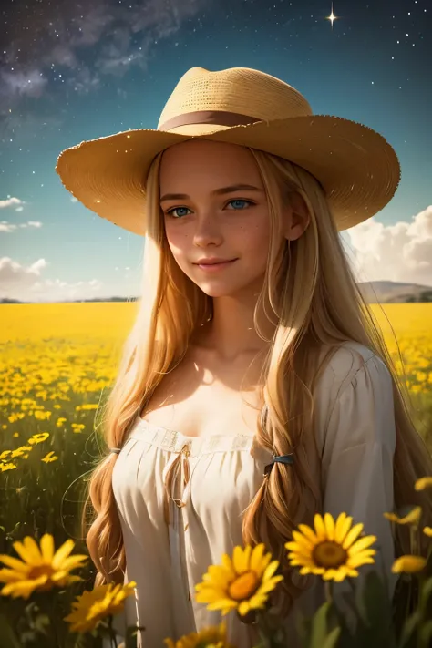 As the sun begins to set over a serene meadow, a serene meadow comes to life. In the center of the frame, a young buxom woman with freckles and very long curly blonde hair and a wide-brimmed hat gazes, tenderly into her surroundings. Her blue eyes bulge wi...