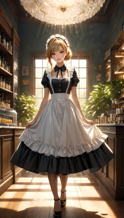 ((Masterpiece in maximum 16K resolution):1.6),((soft_color_photograpy:)1.5), ((Ultra-Detailed):1.4),((Movie-like still images and dynamic angles):1.3). | (cinematic photo of French Supermodel beauty wearing a maid dress in a cafe), (French Supermodel beaut...