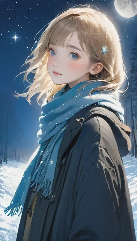 RAW Photos、Realistic、highest quality、masterpiece、14 years old、A girl wearing a duffle coat and an onahole、Luxury brand duffle coat、Brightly colored scarves、((Hair in the scarf:1.3))、cold夜、Red cheeks、breathe、minus３０The world of degrees、Diamond dust、月明かりに輝くD...