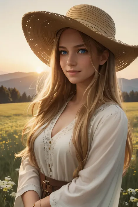 As the sun begins to set over a serene meadow, a serene meadow comes to life. In the center of the frame, a young buxom woman with freckles and very long curly blonde hair and a wide-brimmed hat gazes, tenderly into her surroundings. Her blue eyes bulge wi...