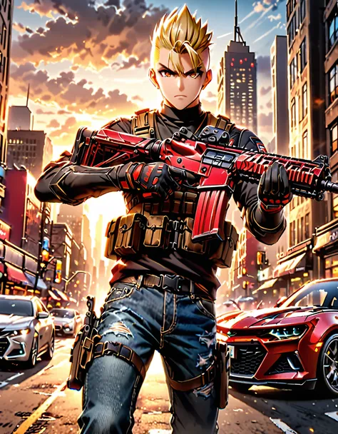 masterpiece, best quality, high res, 1boy, blonde hair, short hair, mohawk, perfect hands, finger on trigger, gloves, gun, holding gun, holding weapon, assault rifle, holster, male focus, rifle, new york city backdrop, solo, solo focus, trigger discipline,...