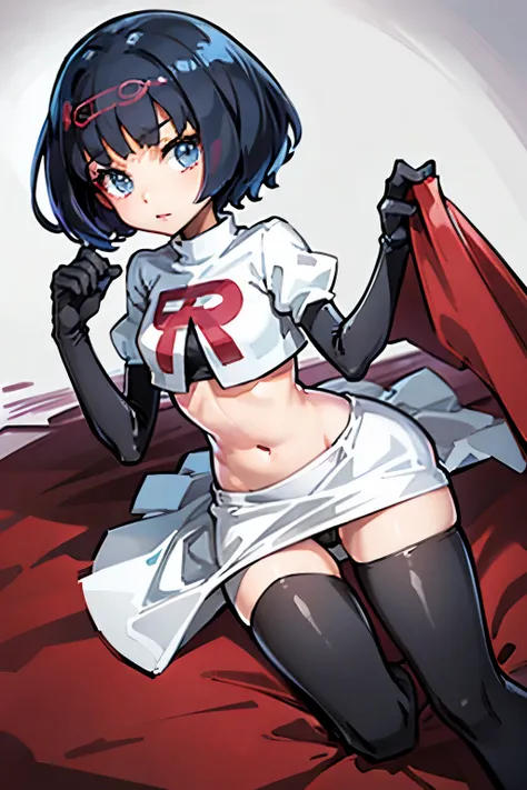 Erica、Pokémon、Black Hair、Short Hair、Medium chest、Bedroom、One girl、((stockings))、(Long gloves)、Leg spread、(Team Rocket)、Ribbon on head、(Black Panties)