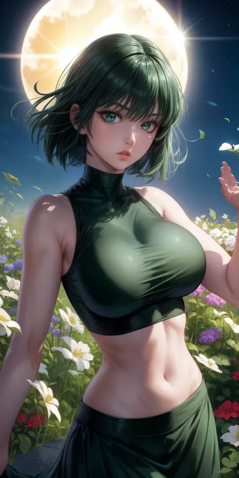 realistic, 1girl, fubuki, green hair, green eyes, big round breasts, pure white skin, shining eyes, dark green crop top, dark gr...