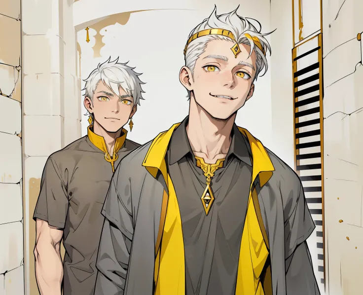 cute 18 year old boy yellow eyes white hair, ropa negra y amarilla del antiguo egipto joyas doradas sonrrisa picara pocardia habla con burla ironia ojos amarillo cabello blanco joyas doradas ropa egipcia negra y amarilla