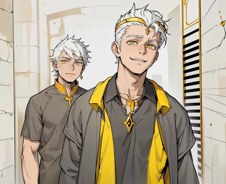 cute 18 year old boy yellow eyes white hair, ropa negra y amarilla del antiguo egipto joyas doradas sonrrisa picara pocardia habla con burla ironia ojos amarillo cabello blanco joyas doradas ropa egipcia negra y amarilla
