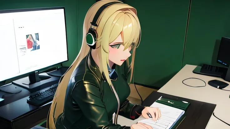 Gamer Girl、headphone、、blonde、amount、Green Leather Shirt、Black pleated skirt、Computer desk