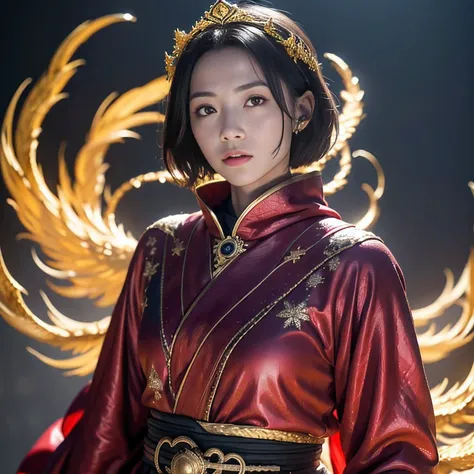 32K gradient glass texture(tmasterpiece,k hd,hyper HD,32K)Short burgundy hair,Short flowing hair,Onsen District,Flame Girl ,Yao Lang protector (realisticlying:1.4),Python pattern robe,Black gold master Kawashima work headdress,Snowflakes fluttering,The bac...