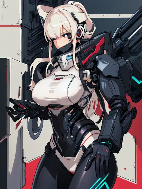 close-up of a woman in a futuristic suit holding a gun, biomechanical boobs, best anime 4k konachan wallpaper, girl wearing mech...