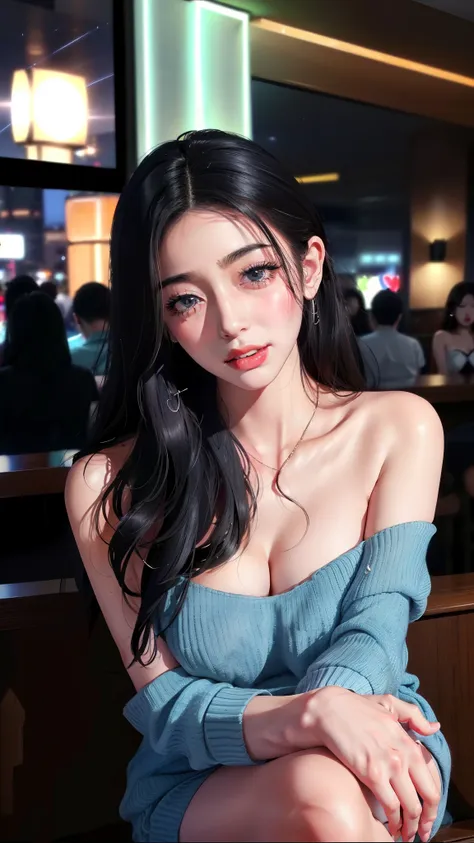 sitting at the bar in a nightclub、portrait photography, wicked smile, (masterpiece) (highest quality) (detailed) (8k) (high reso...