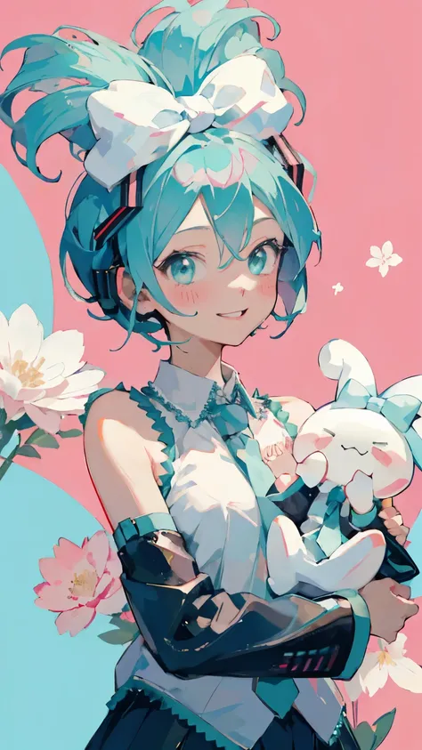 Cinnamiku, short hair,  smile, blush, Pause, whole body, Floral Background