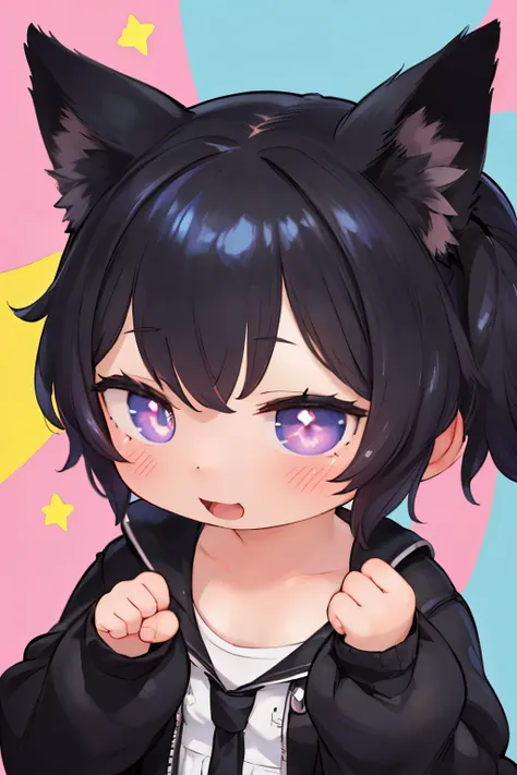 from above, face focus, best quality, masterpiece, cute black cat beast girl, shining star-shaped pupils, fist pump, happy expression, pastel color background