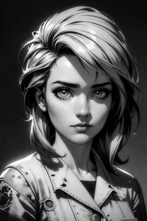 a girl in a mugshot, sketch, black and white, detailed features, cute, vintage style, high contrast lighting, expressive eyes, t...