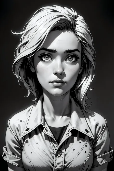 a girl in a mugshot, sketch, black and white, detailed features, cute, vintage style, high contrast lighting, expressive eyes. (...