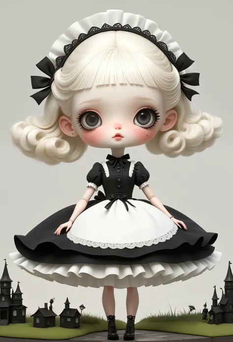 micro landscape：real barbie，close up of a doll wearing a black and white dress, ray caesar (ray caesar) inspired 3d rendering, p...