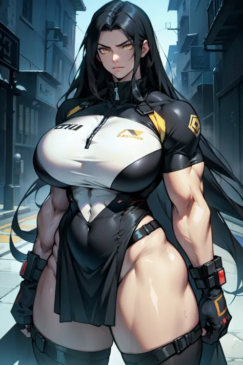 huge breasts huge thighs huge muscles black hair very long hair pale skin yellow eyes