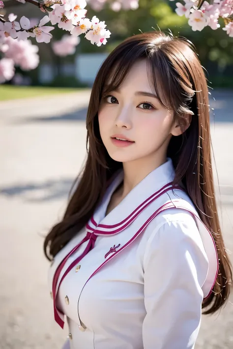 Realistic, High resolution, 1 female, Glowing Skin, alone, Wide lips,round face,Realistic skin texture,Genuine,Detailed face,high school girl,White skin,,Full Body Shot,uniform,Cherry blossom trees,April,look back,Lost in Thought,