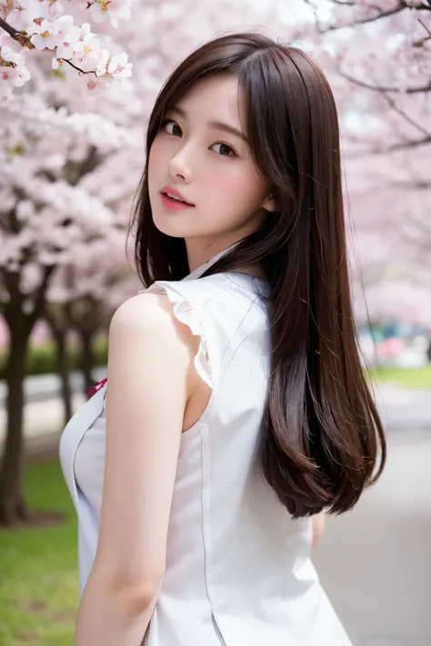 Realistic, High resolution, 1 female, Glowing Skin, alone, Wide lips,round face,Realistic skin texture,Genuine,Detailed face,high school girl,White skin,,Full Body Shot,uniform,Cherry blossom trees,April,look back,Lost in Thought,Model-like style