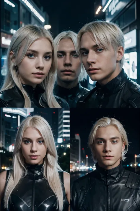 young trio being a platinum blonde girl and 2 guys in a futuristic city at night perfect faces