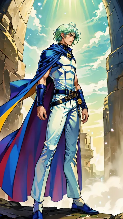 A young man with Greenish-blue spiky short hair, middle part bangs, a disdainful look, slender eyebrows, delicate features, a robust physique, a fantasy-style purple and white tight outfit, a black collar connected to a dark blue cape, a white belt attache...