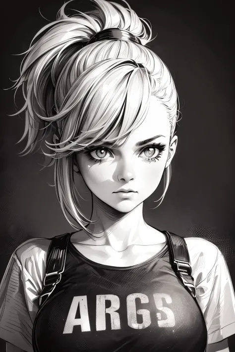 A girl in a mugshot, sketch, black and white, detailed features, cute, vintage style, high contrast lighting, expressive eyes, tousled hair. (best quality, highres, realistic:1.37), vintage, monochrome, intense gaze, dramatic lighting, rugged background, d...