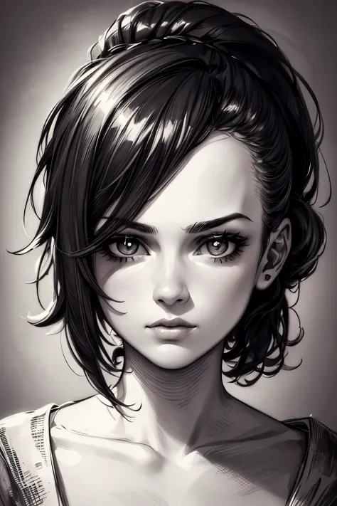 A girl in a mugshot, sketch, black and white, detailed features, cute, vintage style, high contrast lighting, expressive eyes, tousled hair. (best quality, highres, realistic:1.37), vintage, monochrome, intense gaze, dramatic lighting, rugged background, d...