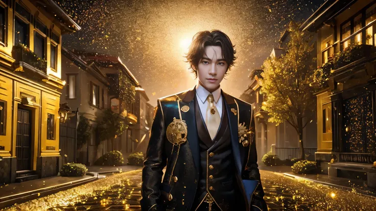 a man in front of a mansion full of gold coins falling from the sky, ultra detailed image, realism, 8k, hyper detailed skin, intense and vivid colors.
