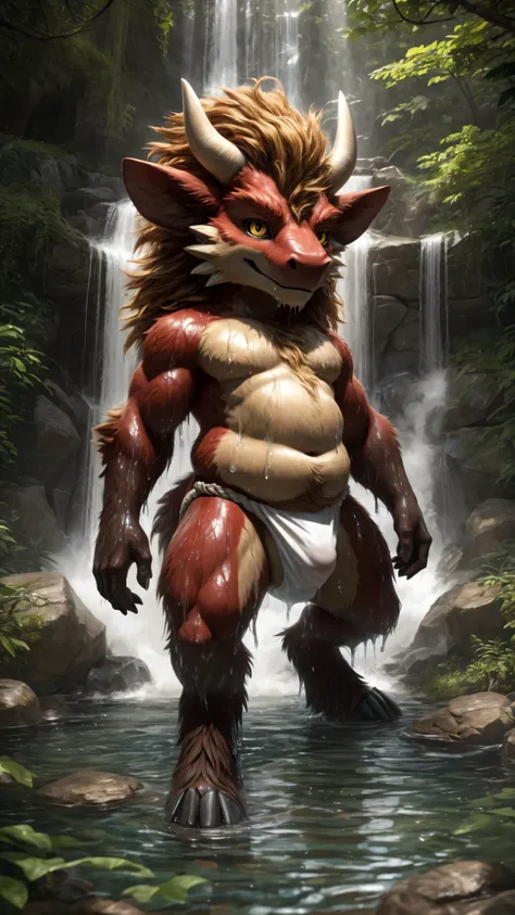 ultra-detailed, masterpiece, masterwork, high quality, best quality, hdr, nature, forest, hot spring, waterfall, bathing, nsfw, (solo), male, dragon, chibi, (red little body minotaur), (nude), (chubby body), (long golden hair), (yellow eyes), standing, fro...