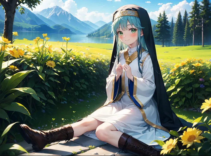 index, index, (green eyes:1.5), blue hair, long hair, (flat chest:1.2),
break habit, long sleeve, nuns,wide sleeves,short boots,...