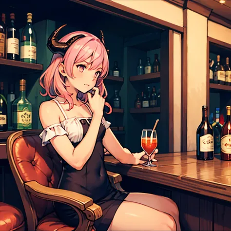 male femboy with pink hair and dragon horns in a bar alone