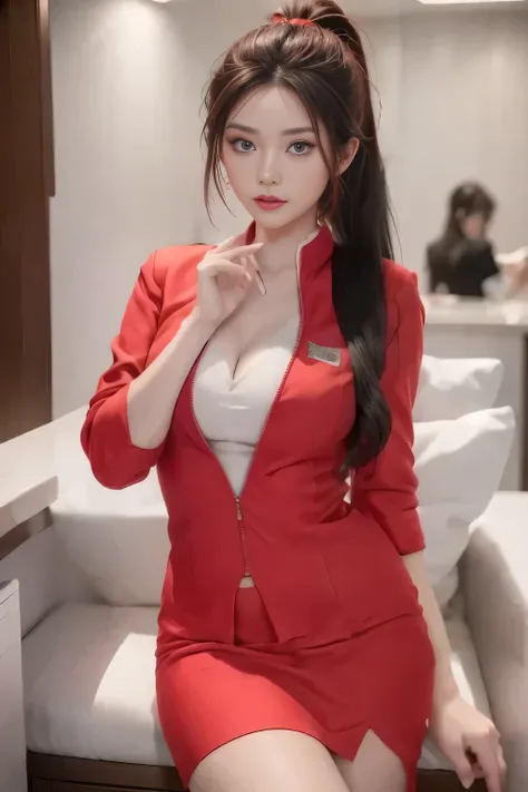 airasia red jacket uniform、long hair down to the legs、dark brown hair、hair tied up、tie your hair back in a ponytail、ponytail、bra...