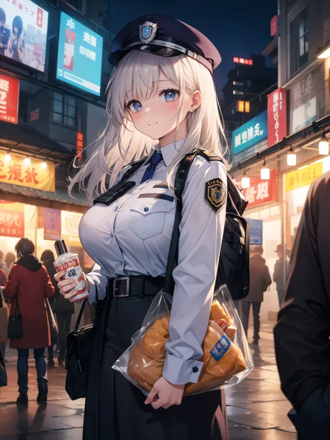 A bustling night market. Policewoman, Carry snacks, And her face is full of joy and satisfaction、huge tit