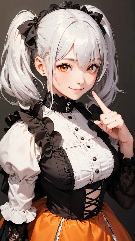 highest quality、Realistic、Women、zoom、cute、Orange Eyes、Silver Hair、Twin tails、Gothic Lolita、smile、Looking down、smile、Bust Shot、　