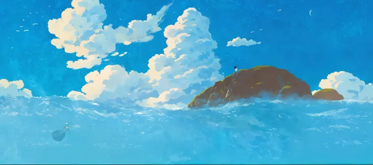 There is a cartoon，A man swimming in the sea, Studio Ghibli Sky, the great atuin, Inspired by Hayao Miyazaki, background technology, Miyazaki&#39;s style, Studio Ghibli style, Ghibli style, Sky whales, Inspired by Hayao Miyazaki, great leviathan turtle, Lo...