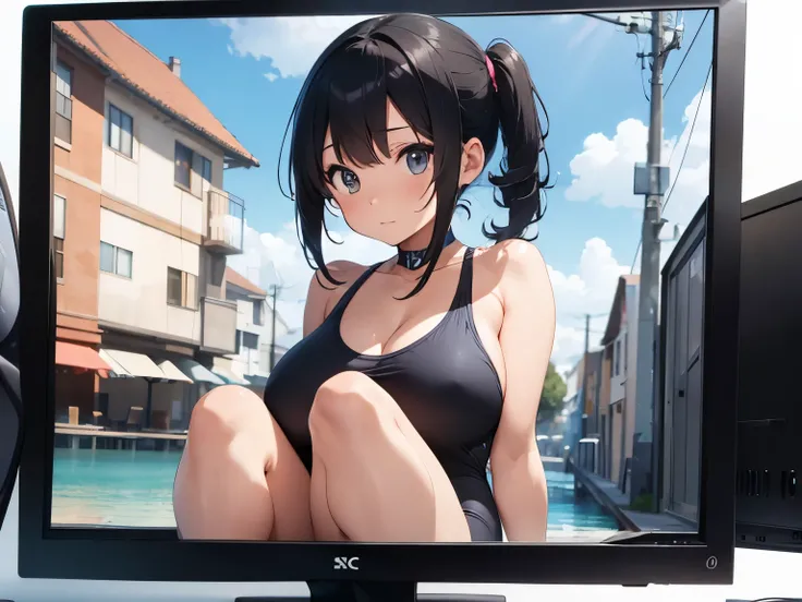 A woman in a swimsuit displayed on a PC monitor screen, masterpiece, best quality, super detail