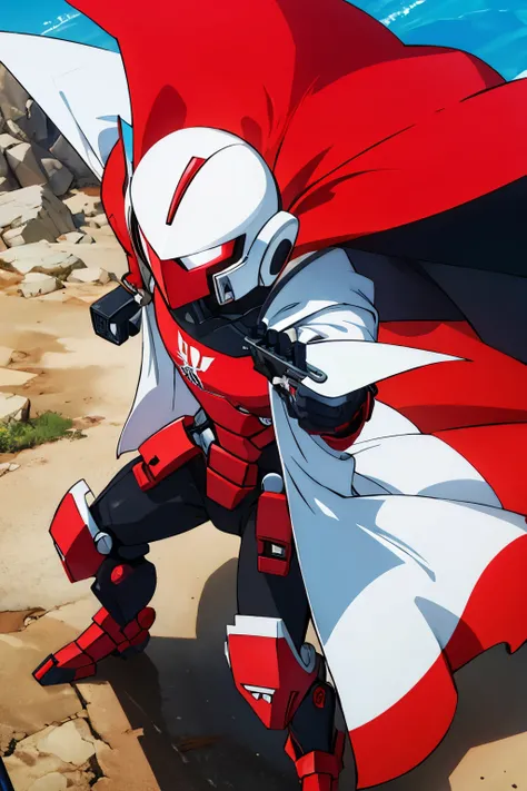 Humanoid white and red robot with cape with a lot of weapons