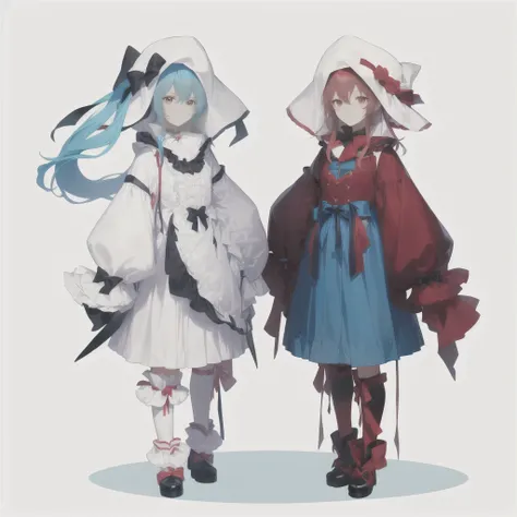 anime characters dressed in clothes and hats standing next to each other, puce and vermillion, vermillion and cyan, red and cyan, two characters, two different characters, sirius a and sirius b, 2 d anime style, no type, with cape, medium shot of two chara...