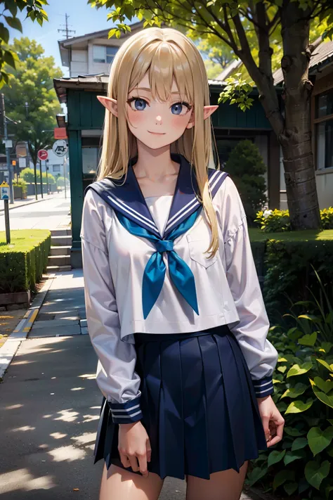  highest quality, masterpiece, Super detailed, Anime, ultra high resolution, realistic, RAW photo, absolute resolution (highest quality)，(very detailed), blonde hair, sailor suit,17 y.o, elf girl, pointy ears, smile, Navy blue sailor suit, High school girl...