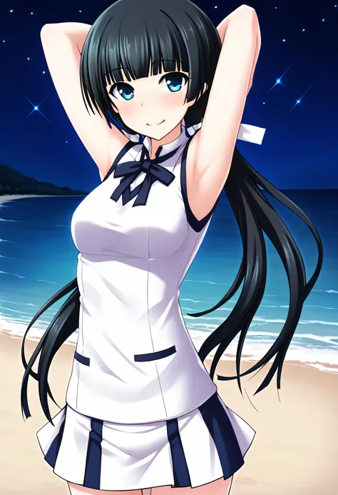 mayuzumi yukie, black hair, blunt bangs, long hair, low twintails, blue eyes , short sleeves, white sweater vest, white shirt, w...