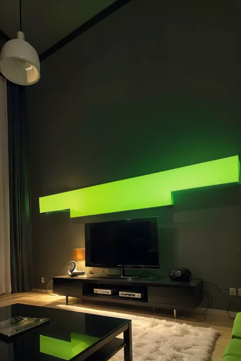 fondo de pared negra, con luces de neon verdes y estantes con libros y un televisor de fondo 