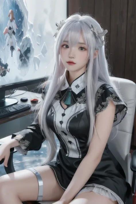 ((best quality)), ((masterpiece)), Snow mountain,((ultra-detailed)), extremely detailed CG, (illustration), blizzard, ((detailed light)), (an extremely delicate and beautiful), 1girl, solo, ((cowboy shot)), ((cute face)),(beautiful detailed eyes), red eyes...