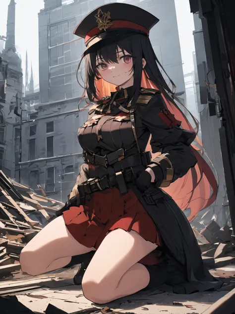 obra de arte, maximum quality, city in ruins and fire in the background, anime girl in uniform kneeling on the floor, ss militar...