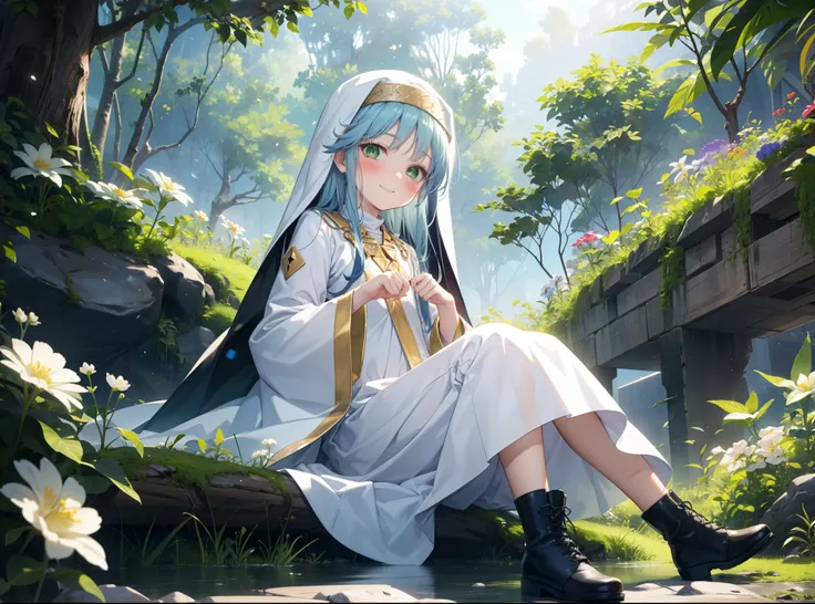 index, index, (green eyes:1.5), blue hair, long hair, (flat chest:1.2),
break habit, long sleeve, robe,白色robe,nuns,wide sleeves,...