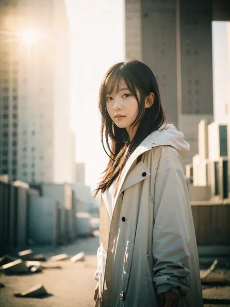 Photorealistic, high-quality 32k photo,16mm lens, f/1,whole body,A little bit of nature in a ruined futuristic city.A simple and beautiful Japanese woman in a white coat,Black medium hair,A soft smile,The faint sunlight shines in,Backlight