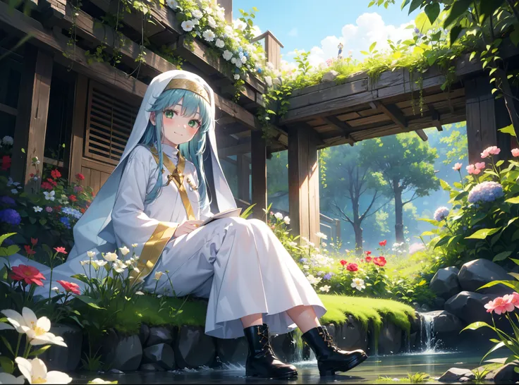 index, index, (green eyes:1.5), blue hair, long hair, (flat chest:1.2),
break habit, long sleeve, robe,白色robe,nuns,wide sleeves,...