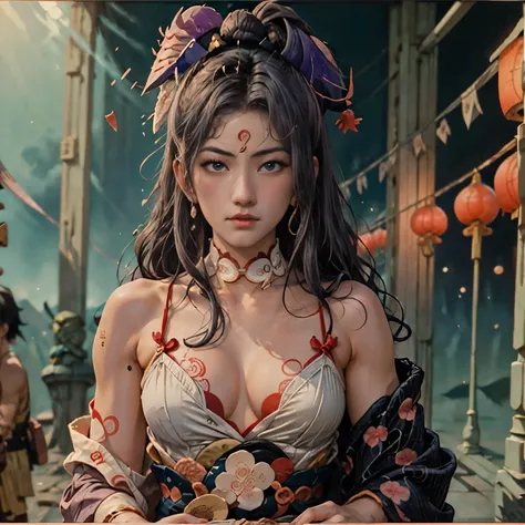 (Ukiyo-e:1.9)、woodblock print、woodblock print、otherscape、SF、Space Opera、(Beautiful Barbarian Soldier:1.5)、Purple clouds gather、Detailed face、Beautiful Eyes、Elegant garments、Intricate floral pattern、Delicate skin、Natural light、A calming color palette、Soft F...