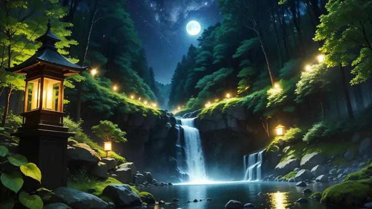 Fantastic night forest、There is a waterfall deep in the forest、moonlight、Firefly Light